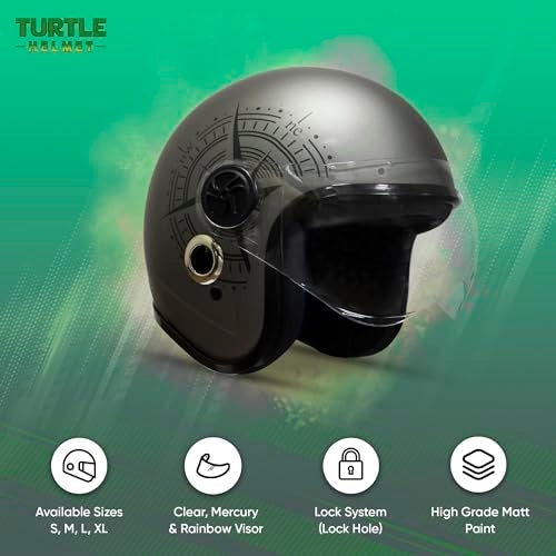 Turtle Helmet Star with Visor Half Face with Scratch Resistive Clear Visor & Hard Shell ABS Plastic Helmet, Grey, Large Size, (L-60 cm) - Image 5