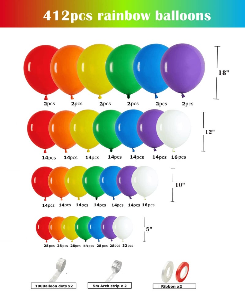 PAXILE 412pcs Rainbow Balloon Arch Kit Assorted Colors 18 12 10 5 Inch, Different Sizes Matte Latex Colorful Balloons for Baby Shower Birthday Wedding Party Decorations - Image 2