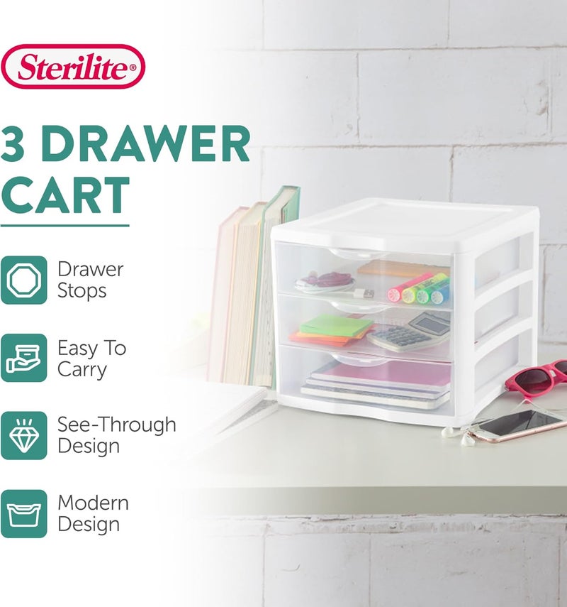 Sterilite وحدة تخزين مكتبية متعددة الأغراض صغيرة 3 أدراج بلاستيكية شفافة للمنزل، الفصول الدراسية، أو المساحات المكتبية، بيضاء، 6 عبوات - Image 4