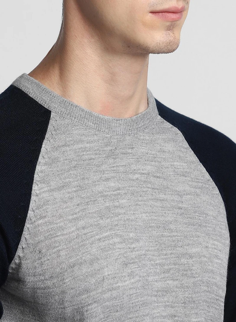 Dennis Lingo Men's Light Grey Mel 100% Acrylic Colourblocked Regular Fit Sweater