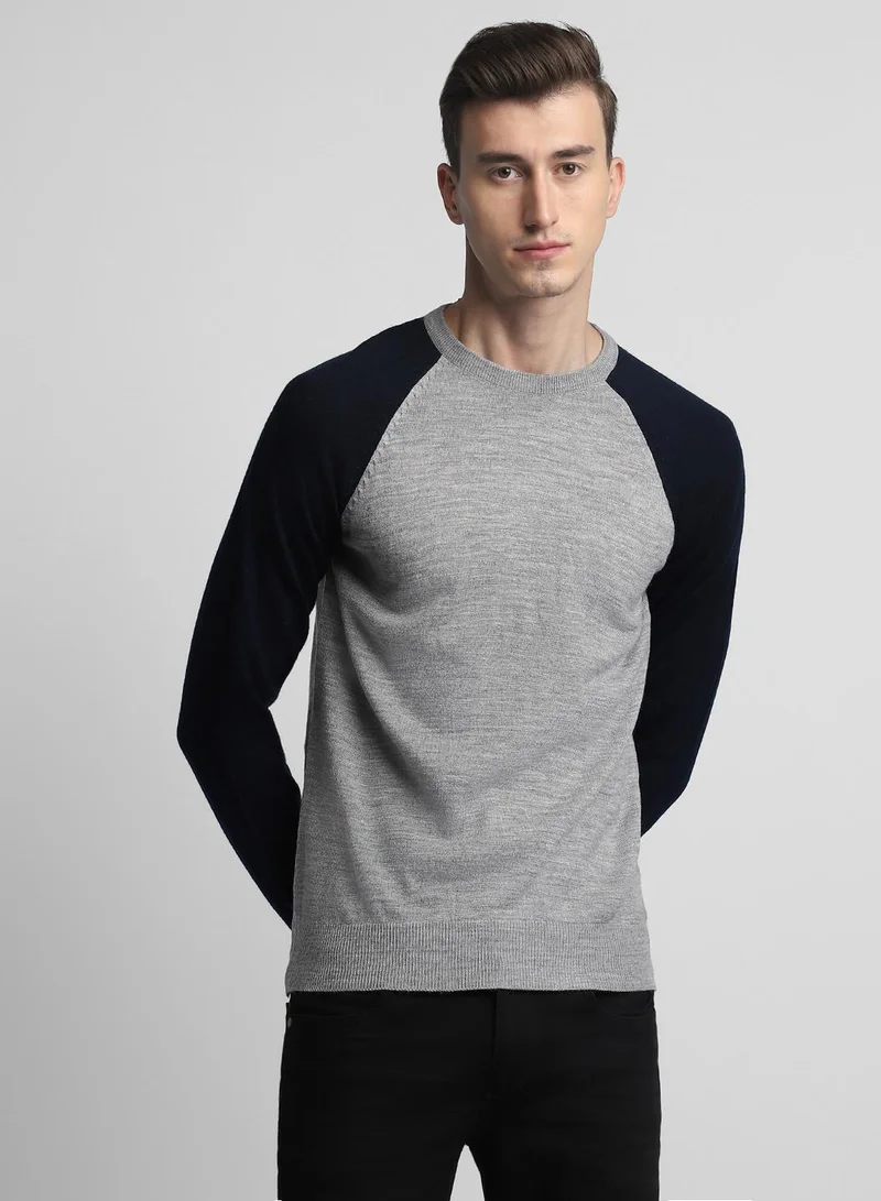 Dennis Lingo Men's Light Grey Mel 100% Acrylic Colourblocked Regular Fit Sweater