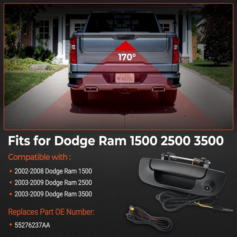 BELKEBIR Tailgate Handle Backup Camera Compatible with 2002-2009 Dodge Ram 1500 2500 3500 Tailgate Latch Door Handle Rear View Reverse Camera IP68 Waterproof Safety Night Vision Replaces# 55276237AA - Image 2
