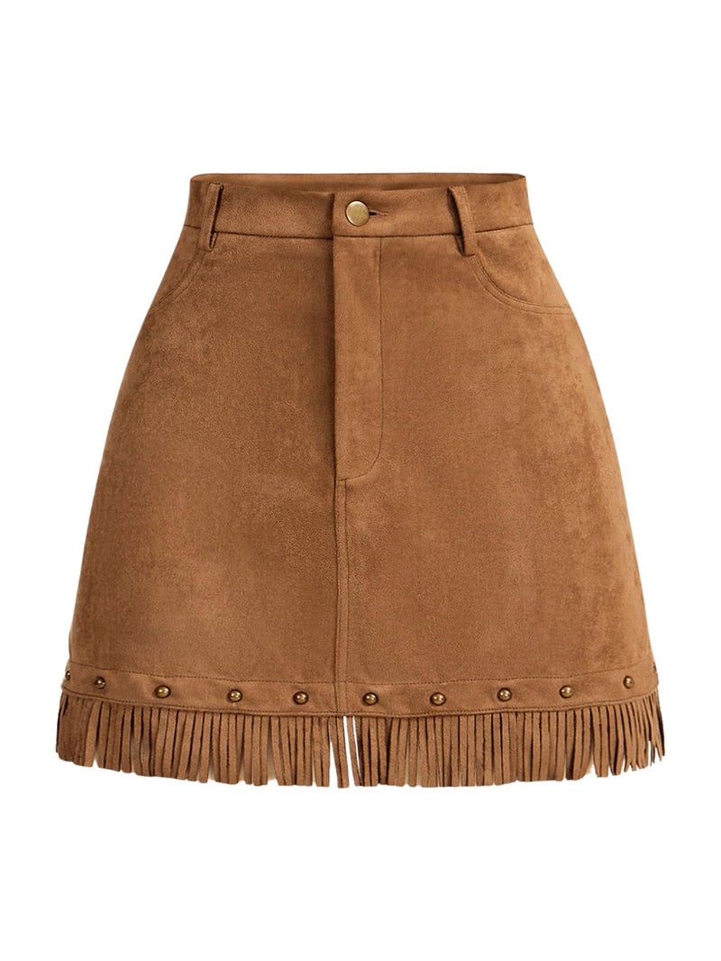 WDIRARA Women's Faux Suede Fringe Skirt High Waisted Tassel Western Mini Skirts All Brown Medium - Image 1