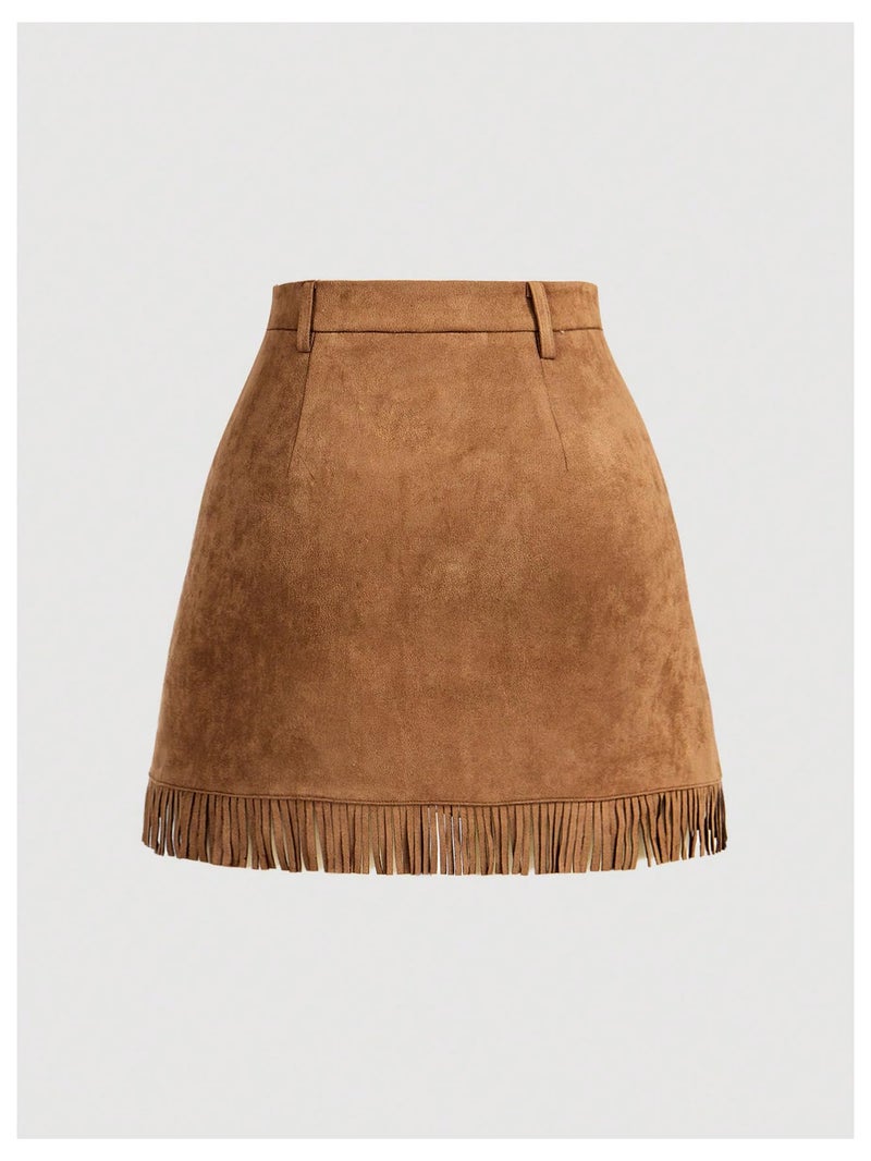 WDIRARA Women's Faux Suede Fringe Skirt High Waisted Tassel Western Mini Skirts All Brown Medium - Image 3