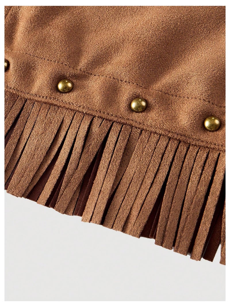 WDIRARA Women's Faux Suede Fringe Skirt High Waisted Tassel Western Mini Skirts All Brown Medium - Image 4
