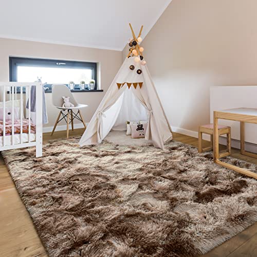 Hutha 4x6 Large Area Rugs for Living Room, Super Soft Fluffy Modern Bedroom Rug, Tie-Dyed Brown Indoor Shag Fuzzy Carpets for Girls Kids Nursery Room Home Decor - Image 3
