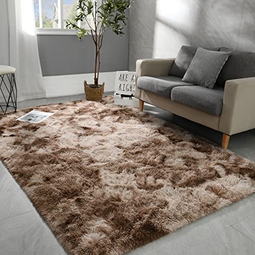 Hutha 4x6 Large Area Rugs for Living Room, Super Soft Fluffy Modern Bedroom Rug, Tie-Dyed Brown Indoor Shag Fuzzy Carpets for Girls Kids Nursery Room Home Decor - Image 1