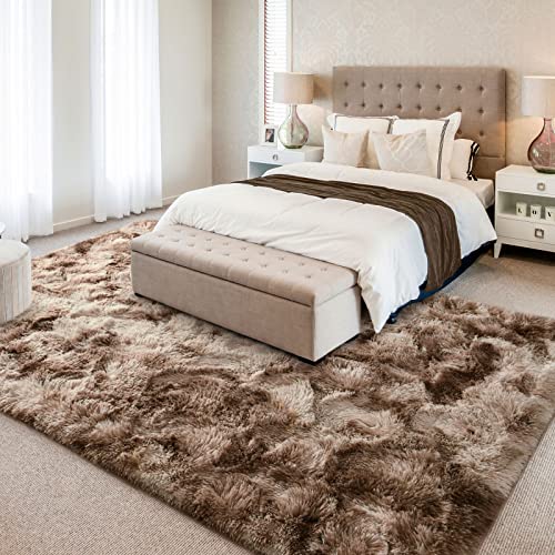 Hutha 4x6 Large Area Rugs for Living Room, Super Soft Fluffy Modern Bedroom Rug, Tie-Dyed Brown Indoor Shag Fuzzy Carpets for Girls Kids Nursery Room Home Decor - Image 2