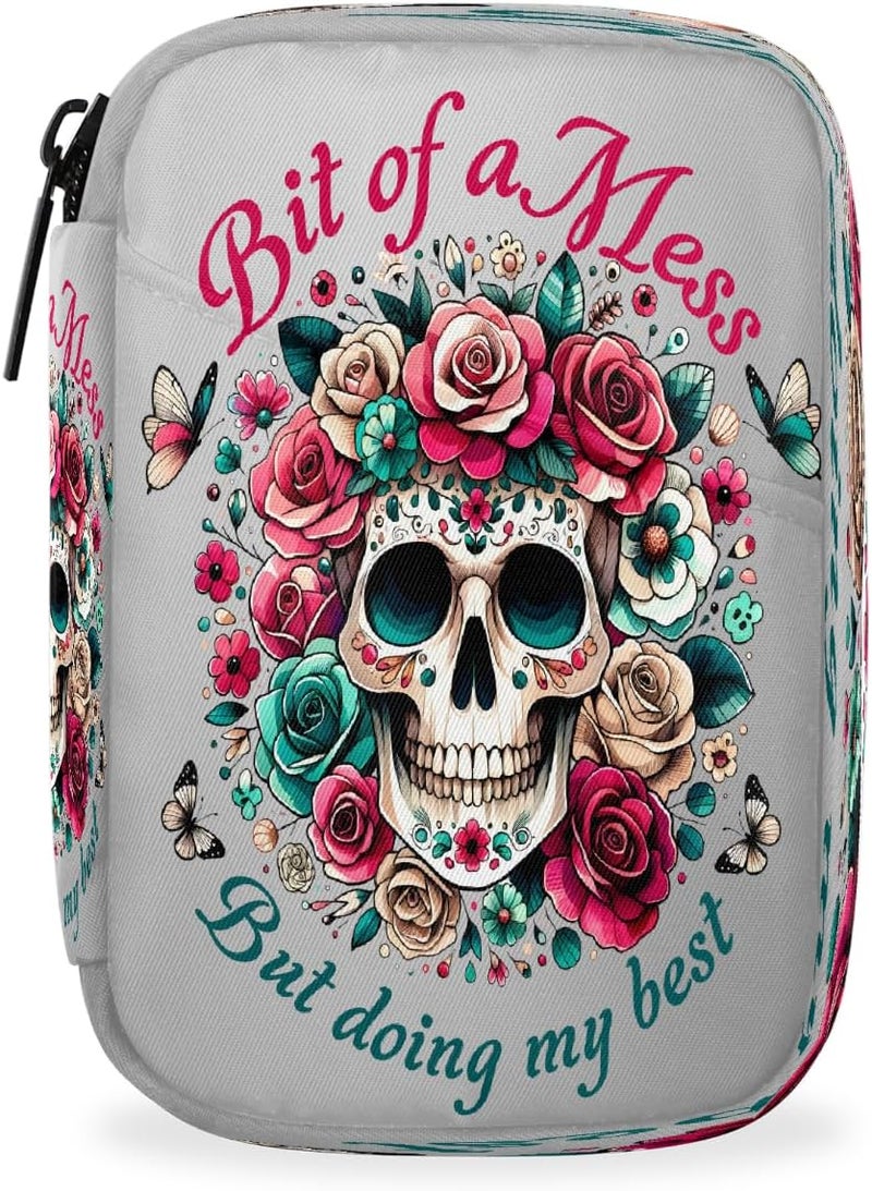 Skull Rose Grey Pill Case Travel Pill Organizer Weekly 7 Day Portable with Zipper Medicine Box Pill Case for Vitamins, Birth Control,Fish Oils,Medication, Supplements - Image 1