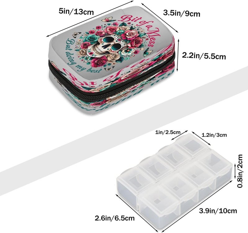 Skull Rose Grey Pill Case Travel Pill Organizer Weekly 7 Day Portable with Zipper Medicine Box Pill Case for Vitamins, Birth Control,Fish Oils,Medication, Supplements - Image 2