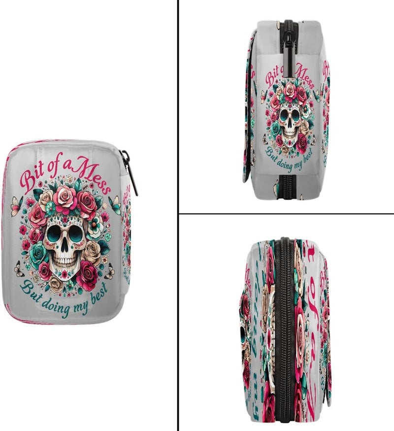 Skull Rose Grey Pill Case Travel Pill Organizer Weekly 7 Day Portable with Zipper Medicine Box Pill Case for Vitamins, Birth Control,Fish Oils,Medication, Supplements - Image 4