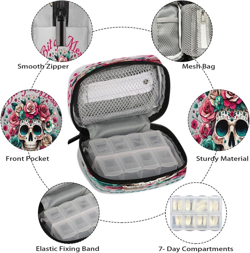 Skull Rose Grey Pill Case Travel Pill Organizer Weekly 7 Day Portable with Zipper Medicine Box Pill Case for Vitamins, Birth Control,Fish Oils,Medication, Supplements - Image 3