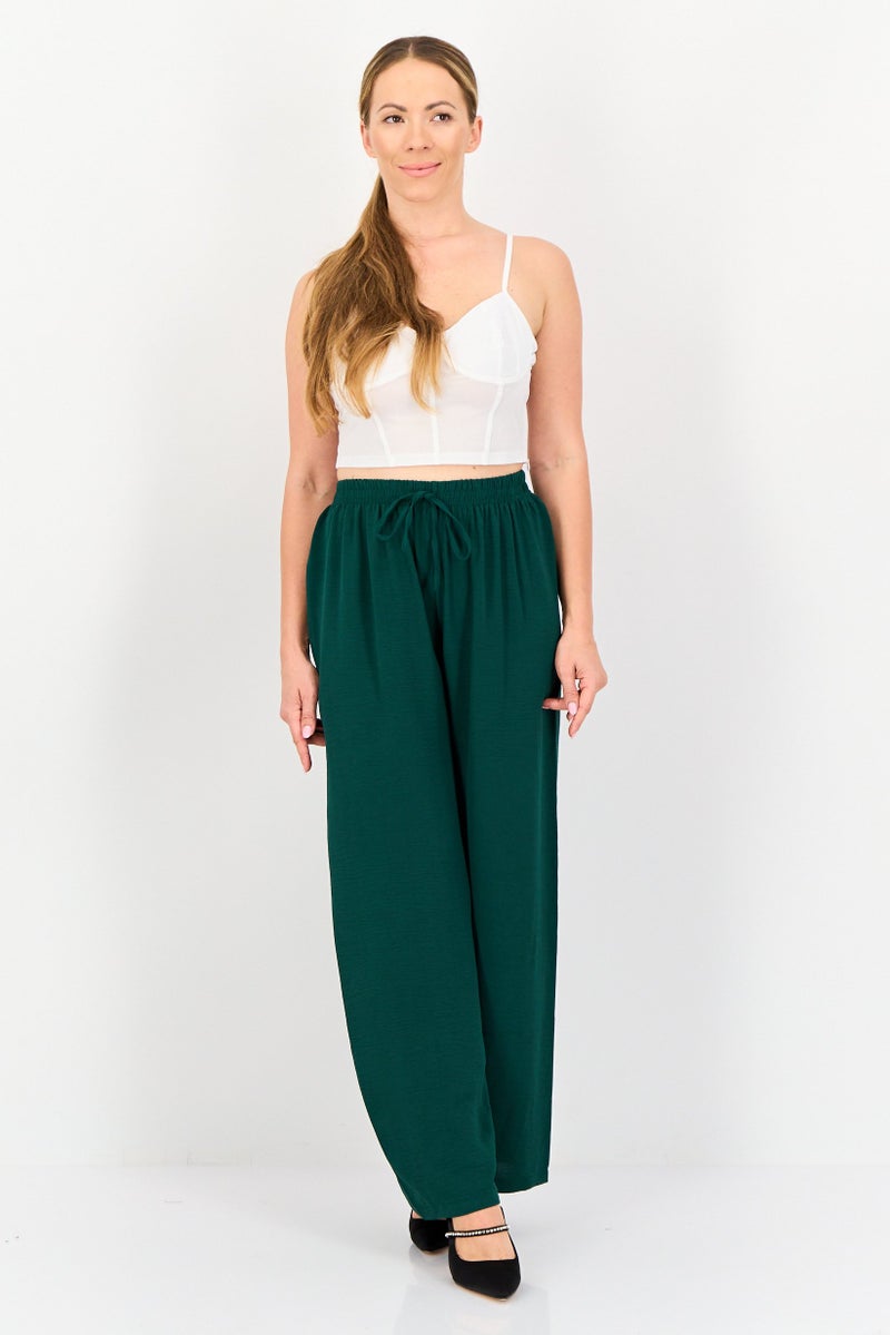Ulyashova Women Regular Fit Plain Wide Leg Pants, Dark Green - Image 4