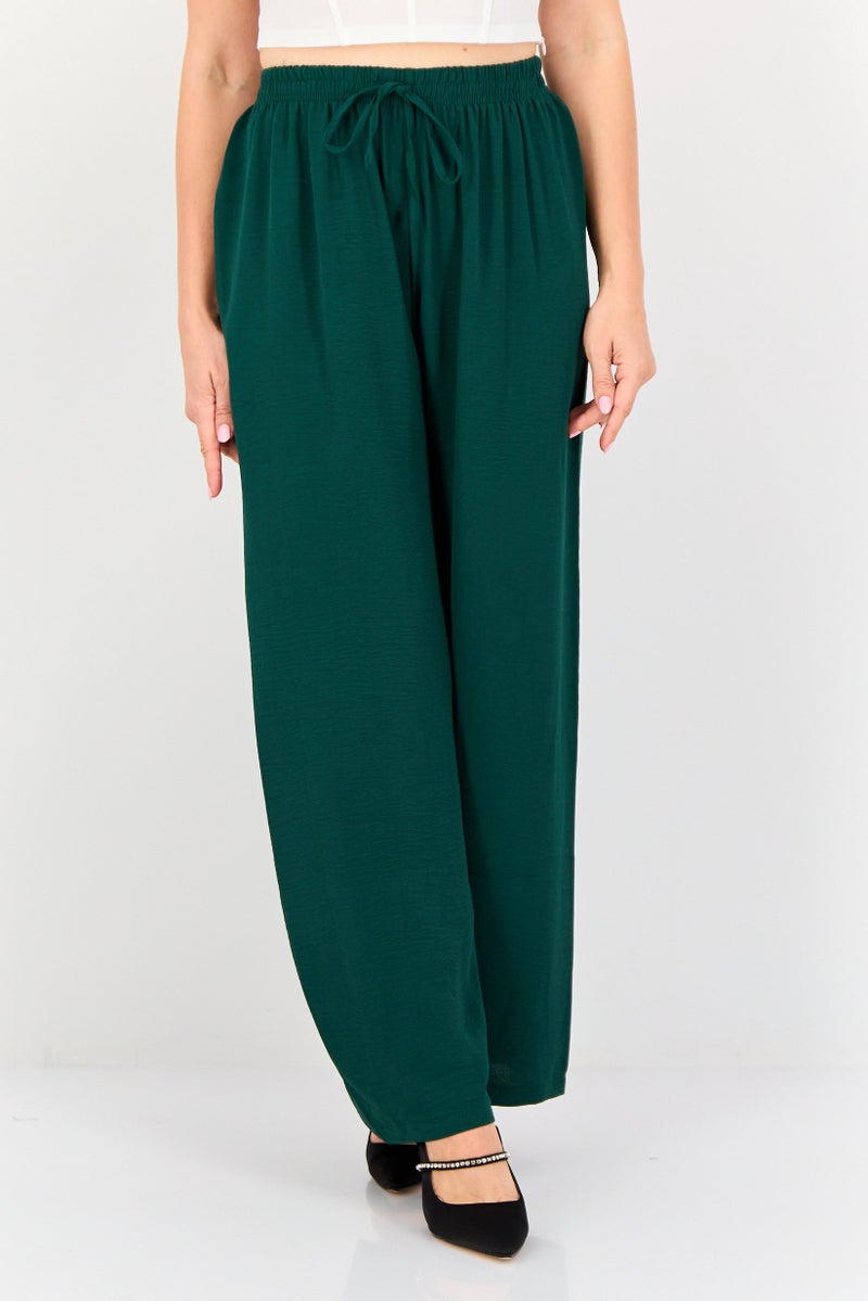 Ulyashova Women Regular Fit Plain Wide Leg Pants, Dark Green - Image 1
