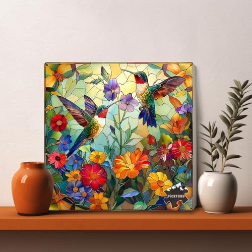 PICKFORU Stained Glass Puzzles for Adults 1000 Pieces, PICKFORU Colorful Flower Hummingbird Jigsaw Puzzles, Mosaic Bird Puzzles as Home Decor - Image 5