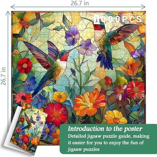 PICKFORU Stained Glass Puzzles for Adults 1000 Pieces, PICKFORU Colorful Flower Hummingbird Jigsaw Puzzles, Mosaic Bird Puzzles as Home Decor - Image 4