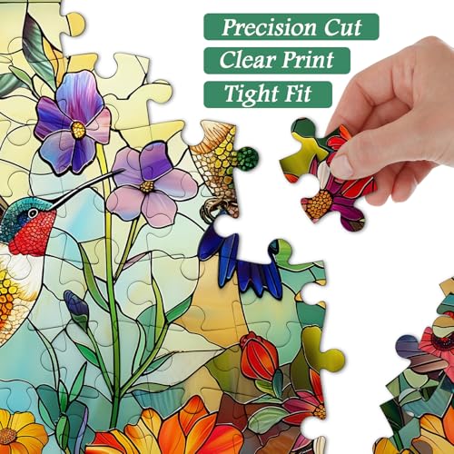PICKFORU Stained Glass Puzzles for Adults 1000 Pieces, PICKFORU Colorful Flower Hummingbird Jigsaw Puzzles, Mosaic Bird Puzzles as Home Decor - Image 3