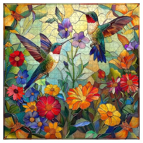 PICKFORU Stained Glass Puzzles for Adults 1000 Pieces, PICKFORU Colorful Flower Hummingbird Jigsaw Puzzles, Mosaic Bird Puzzles as Home Decor - Image 2