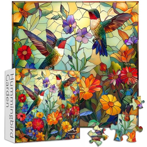 PICKFORU Stained Glass Puzzles for Adults 1000 Pieces, PICKFORU Colorful Flower Hummingbird Jigsaw Puzzles, Mosaic Bird Puzzles as Home Decor - Image 1