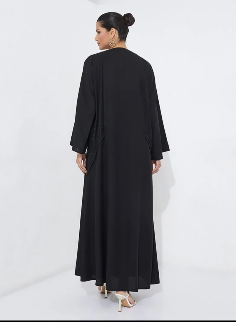 Rosette Abaya Black Embroidery Abaya with Wide Sleeves
