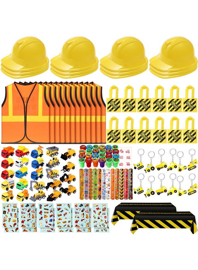 Sratte Sratte 122 Pcs Construction Birthday Party Supplies 12 Construction Hats, 12 Construction Vests, 12 Tote Bags, 24 Construction Toys, 12 Slap Bracelets, 12 Keychain, 12 Sticker, 24 Stamps, 2 Tablecloth  - Image 1