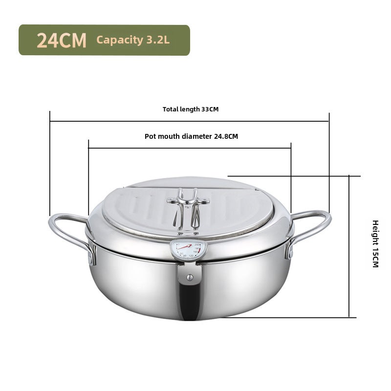 304 Stainless Steel Fryer with Thermometer Temperature Control Japanese Tempura Fryer Fuel Saving Pot Induction Cooker Gas Pot(Stainless steel natural color 24cm, 201 stainless steel) - Image 1