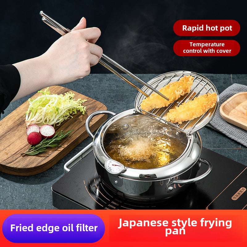 304 Stainless Steel Fryer with Thermometer Temperature Control Japanese Tempura Fryer Fuel Saving Pot Induction Cooker Gas Pot(Stainless steel natural color 24cm, 201 stainless steel) - Image 2
