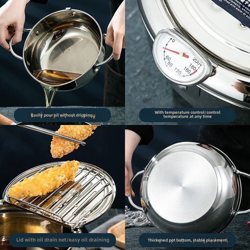 304 Stainless Steel Fryer with Thermometer Temperature Control Japanese Tempura Fryer Fuel Saving Pot Induction Cooker Gas Pot(Stainless steel natural color 24cm, 201 stainless steel) - Image 5