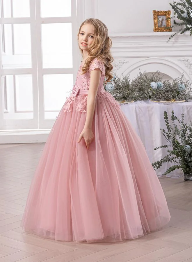 تايك تو Take Two Girl Floral Lace Bow Detail Mesh Maxi Party Dress