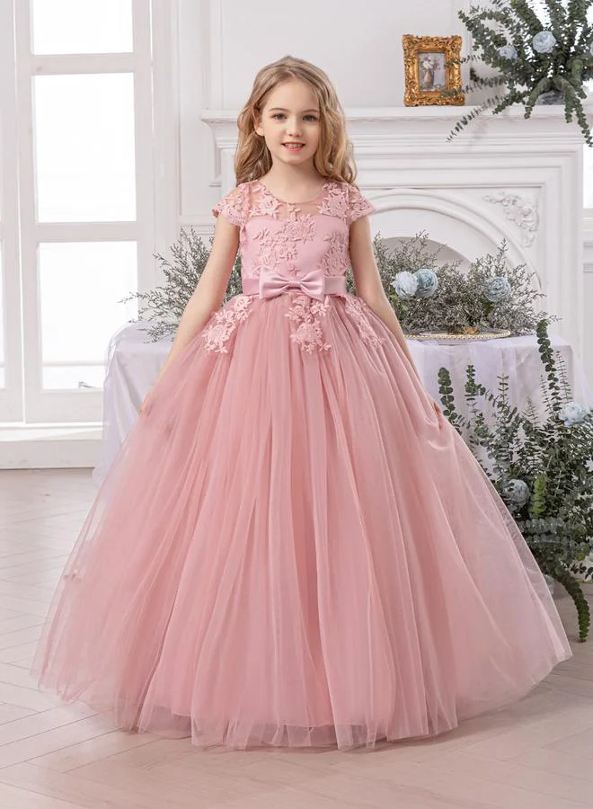 تايك تو Take Two Girl Floral Lace Bow Detail Mesh Maxi Party Dress