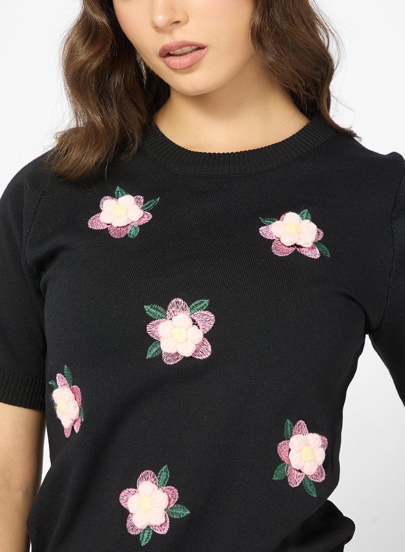 Ginger Floral Embroidered Short Sleeve Sweater - Image 1