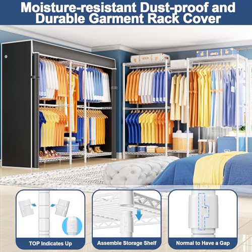 Ulif E12C Pro Heavy Duty Closet Organizer System，Freestanding Clothing Racks for Hanging Clothes，Adjustable Garment Rack 71"W x 16"D x 76.5"H Hold 960lbs，White Clothing Rack with Black Dustproof Cover - Image 4