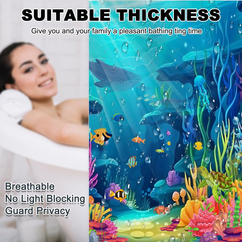 Mocsicka 4pcs Ocean Shower Curtain Set, Tropical Underwater World Kids Shower Curtain Set with Non-Slip Washable Bath Rugs, Toilet Lid Cover Funny Shark Turtle Fish Ocean Kids Bathroom Decor Accessory - Image 4