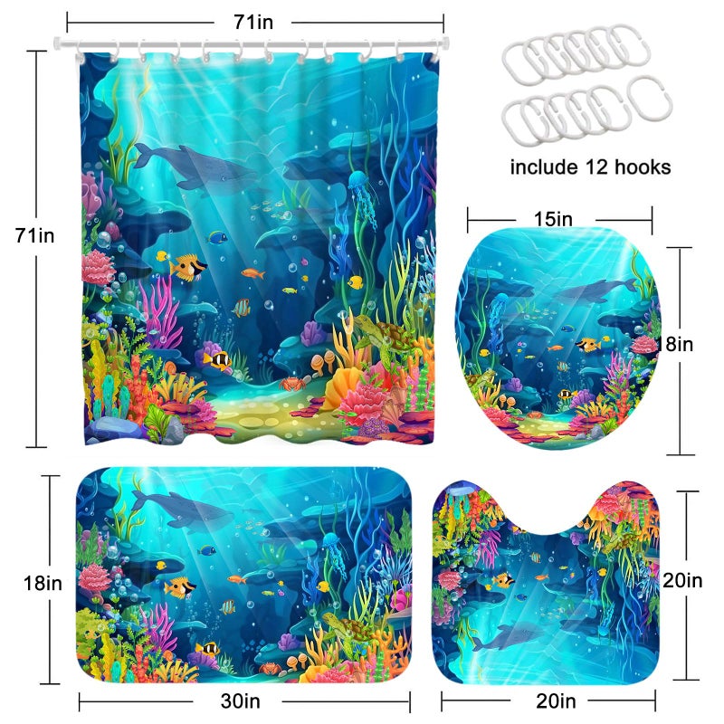 Mocsicka 4pcs Ocean Shower Curtain Set, Tropical Underwater World Kids Shower Curtain Set with Non-Slip Washable Bath Rugs, Toilet Lid Cover Funny Shark Turtle Fish Ocean Kids Bathroom Decor Accessory - Image 2