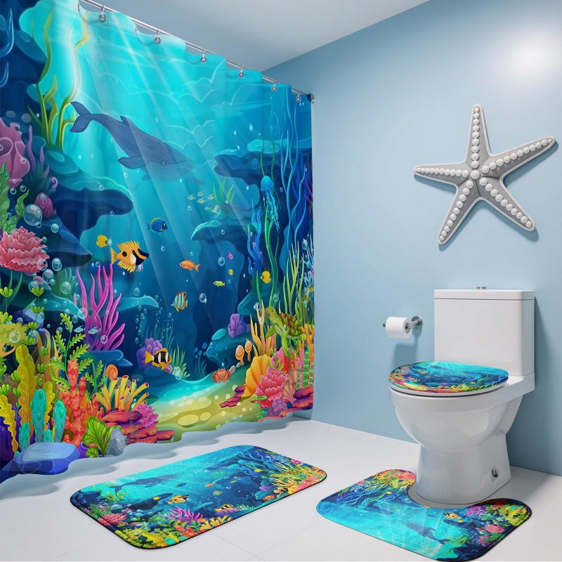 Mocsicka 4pcs Ocean Shower Curtain Set, Tropical Underwater World Kids Shower Curtain Set with Non-Slip Washable Bath Rugs, Toilet Lid Cover Funny Shark Turtle Fish Ocean Kids Bathroom Decor Accessory - Image 1