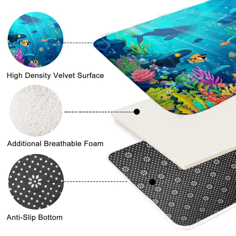 Mocsicka 4pcs Ocean Shower Curtain Set, Tropical Underwater World Kids Shower Curtain Set with Non-Slip Washable Bath Rugs, Toilet Lid Cover Funny Shark Turtle Fish Ocean Kids Bathroom Decor Accessory - Image 3