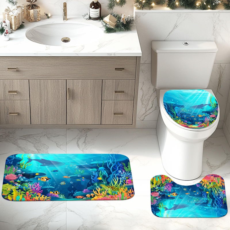 Mocsicka 4pcs Ocean Shower Curtain Set, Tropical Underwater World Kids Shower Curtain Set with Non-Slip Washable Bath Rugs, Toilet Lid Cover Funny Shark Turtle Fish Ocean Kids Bathroom Decor Accessory - Image 5