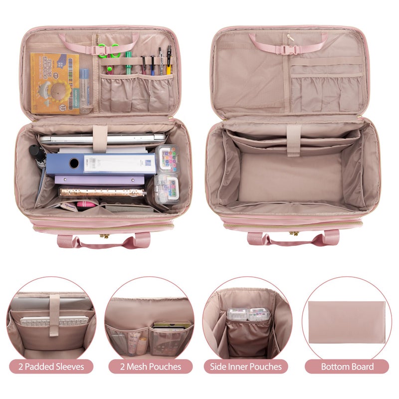 Prokva Rolling Teacher Bag with Wheels, Teacher Tote Bag with Detachable Trolley, Fits for 15.6" Laptop, Pink (Patent Design) - Image 2