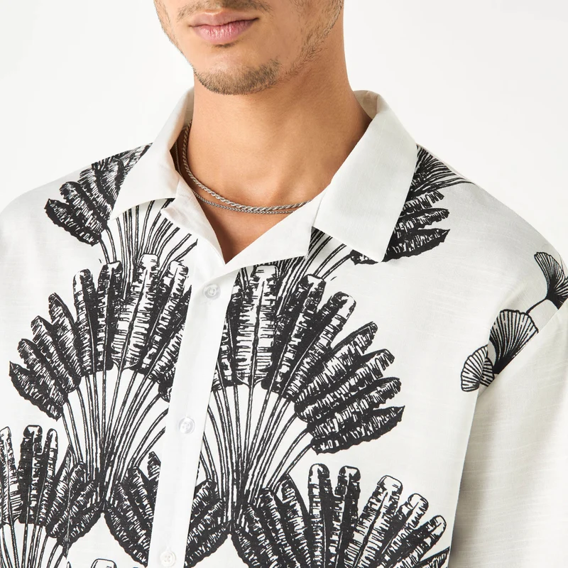 Splash FAV Relaxed Fit Leaf Print Shirt with Camp Collar
