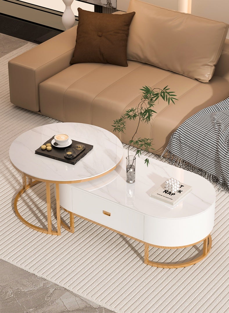 Oval Coffee Table with Metal Base, Oval Stone Coffee Tables Set of 2, Modern Nesting Table with Drawer, Slate Top End Side Tables for Small Spaces - Image 1