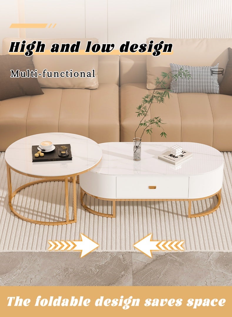 Oval Coffee Table with Metal Base, Oval Stone Coffee Tables Set of 2, Modern Nesting Table with Drawer, Slate Top End Side Tables for Small Spaces - Image 4