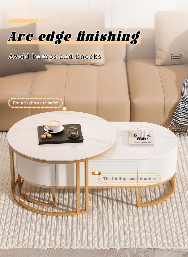 Oval Coffee Table with Metal Base, Oval Stone Coffee Tables Set of 2, Modern Nesting Table with Drawer, Slate Top End Side Tables for Small Spaces - Image 2