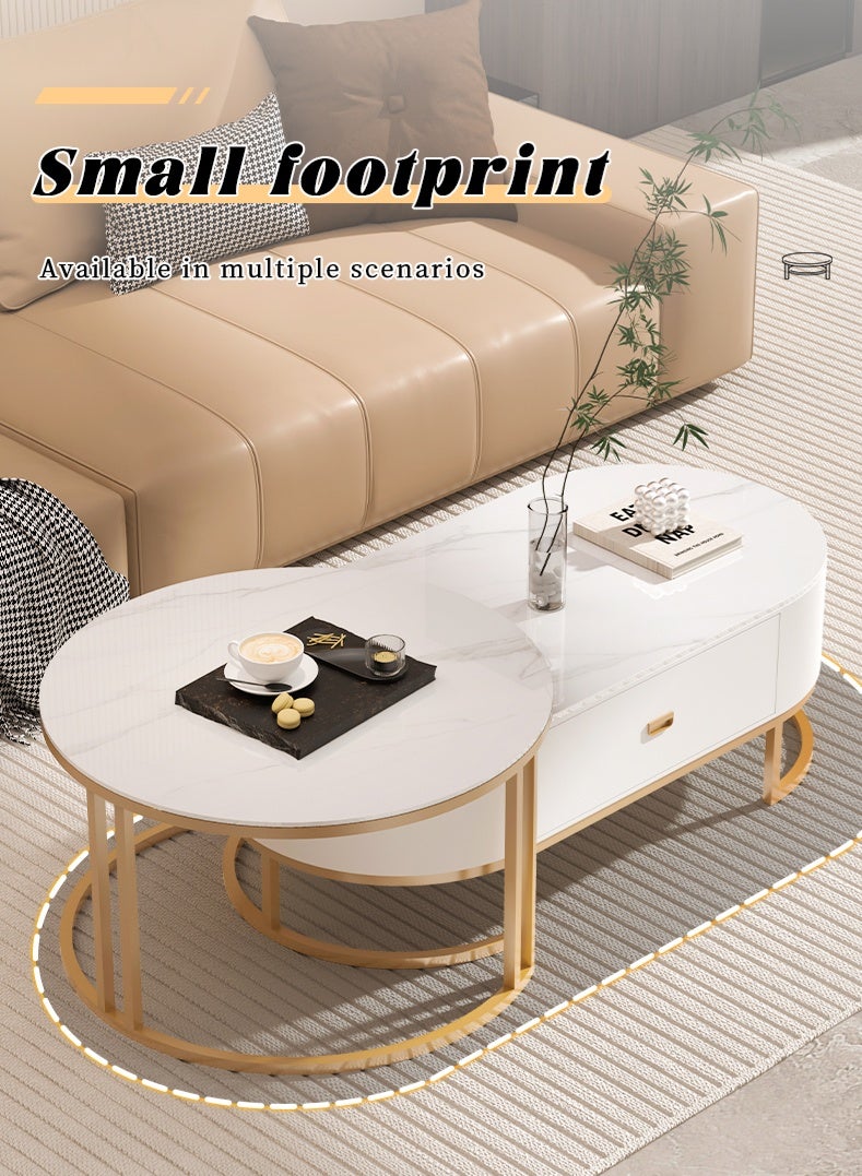 Oval Coffee Table with Metal Base, Oval Stone Coffee Tables Set of 2, Modern Nesting Table with Drawer, Slate Top End Side Tables for Small Spaces - Image 3