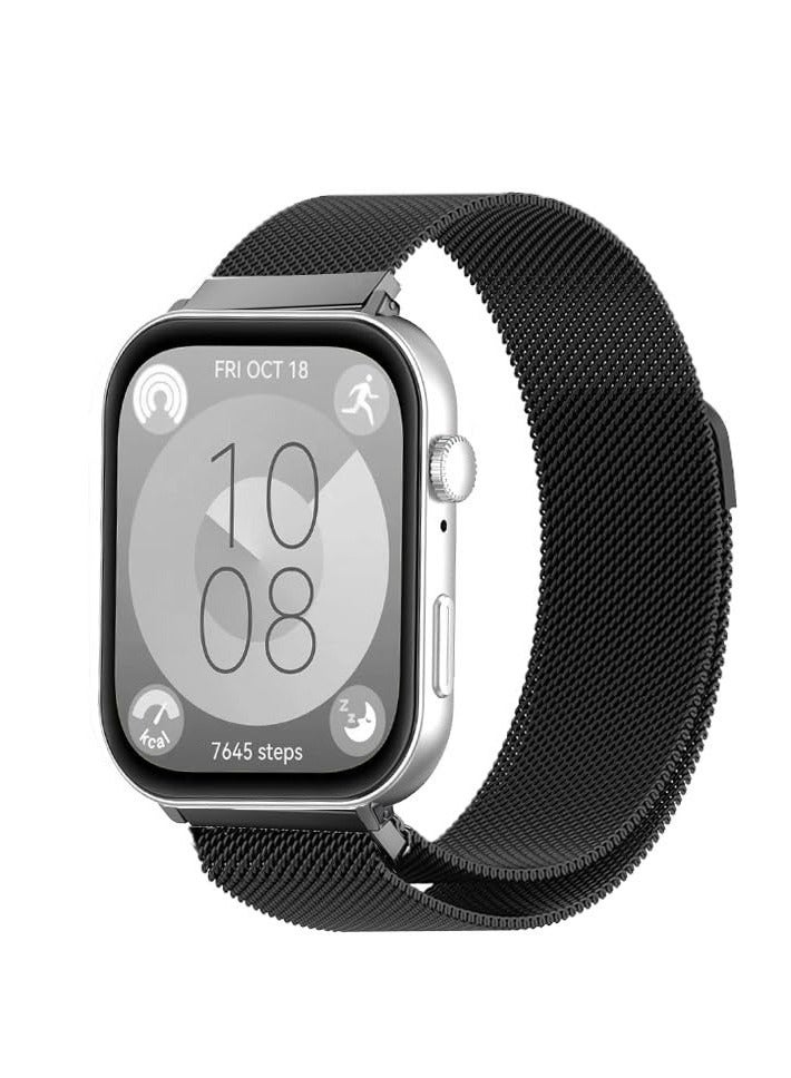 سوار متوافق مع ساعة هواوي فيت 3، حزام بديل من الفولاذ المقاوم للصدأ، شبكة معدنية مع إغلاق مغناطيسي، حزام ساعة للرجال والنساء (أسود) - Image 1