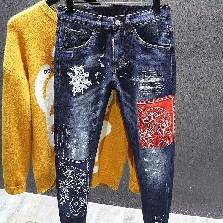 Generic Cross-border Mens Motorcycle Stitching Jeans Mens Personalized Trendy Retro Distressed Motorcycle Riding Slim-fit Leggings Mens Pants Blue