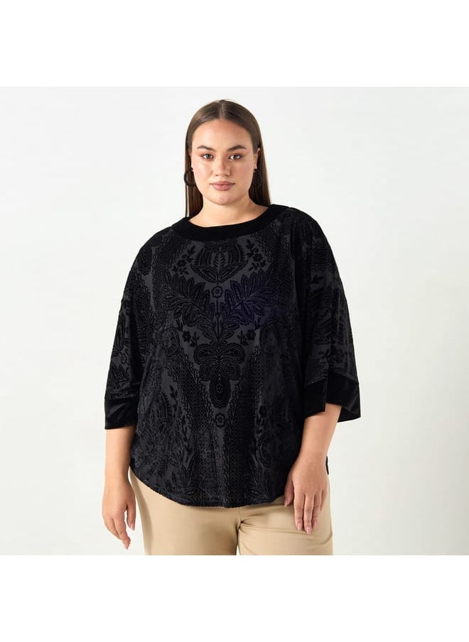 Ulla Popken Plus Size Ulla Popken All-Over Floral Print Textured Top with 3/4 Sleeves  - Image 1