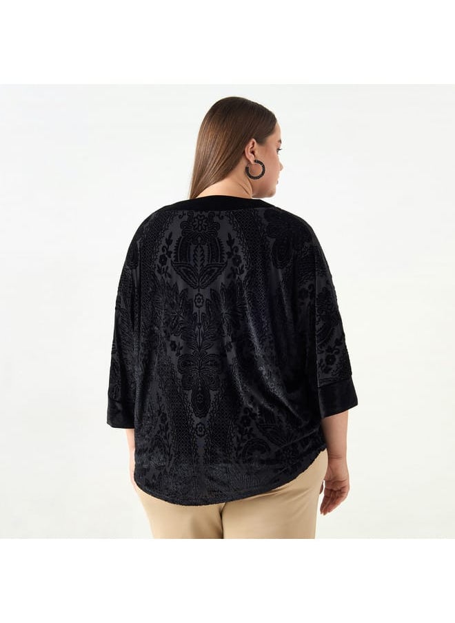 Ulla Popken Plus Size Ulla Popken All-Over Floral Print Textured Top with 3/4 Sleeves  - Image 2