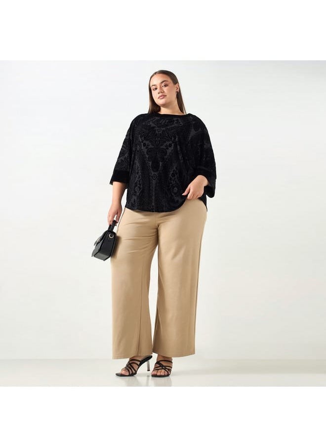 Ulla Popken Plus Size Ulla Popken All-Over Floral Print Textured Top with 3/4 Sleeves  - Image 3