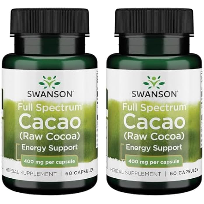 Swanson Full Spectrum Cacao (Raw Cocoa) - Herbal Supplement Promoting Mild Energy Support - Traditional Whole Fruit Formula - (60 Capsules, 400mg Each) (2 Pack)