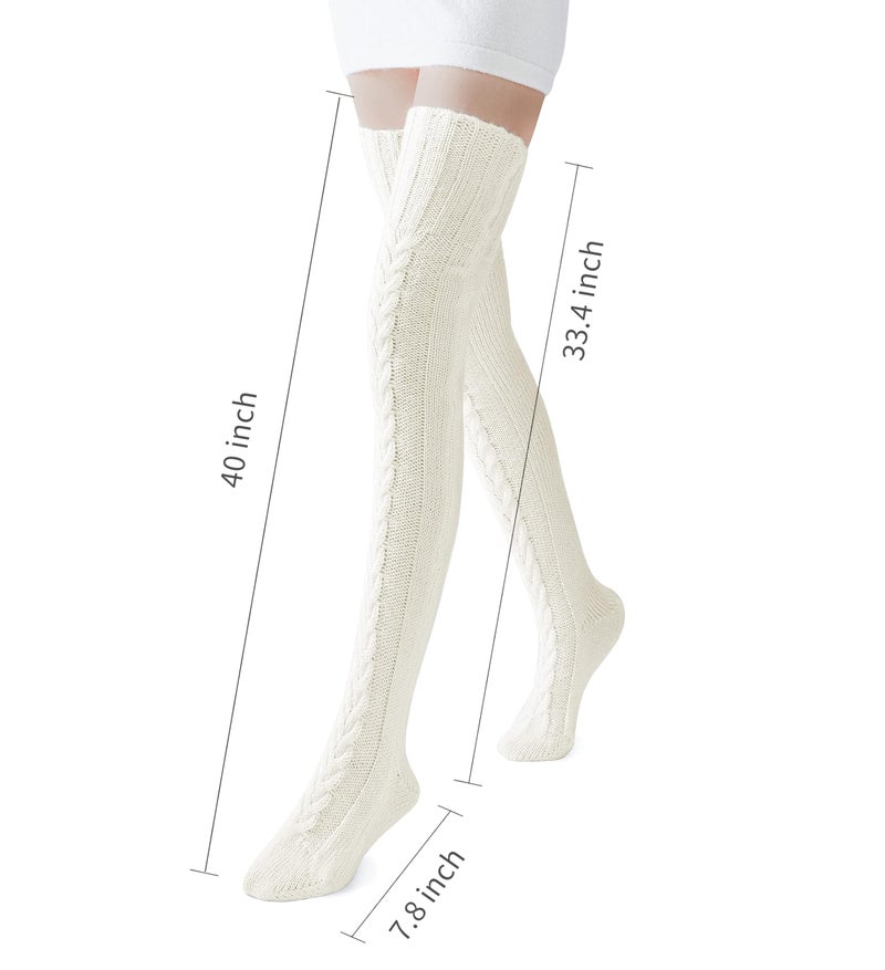 Pcavin Women's Thigh High Socks Over the Knee Cable Knit Boot Socks, Long Warm Fashion Leg Warmers Winter(White) - Image 1